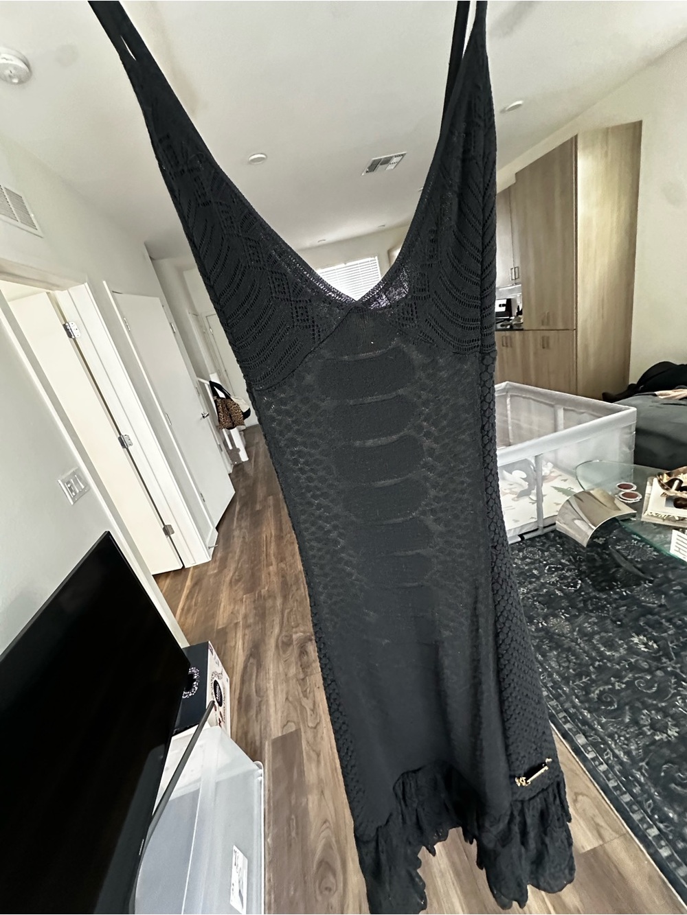 Roberto Cavalli Black Crochet Slip Dress with Ruffled Hem